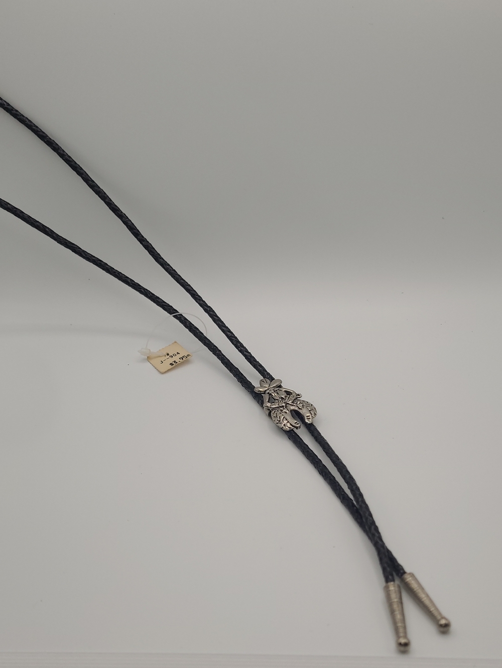 Western Black Leather Bolo Tie with Silver-Tone Floral Slide